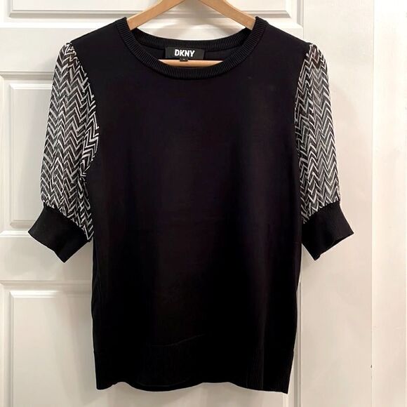DKNY Crew Neck Chiffron Puff Sleeve preppy sweater - Picture 1 of 8
